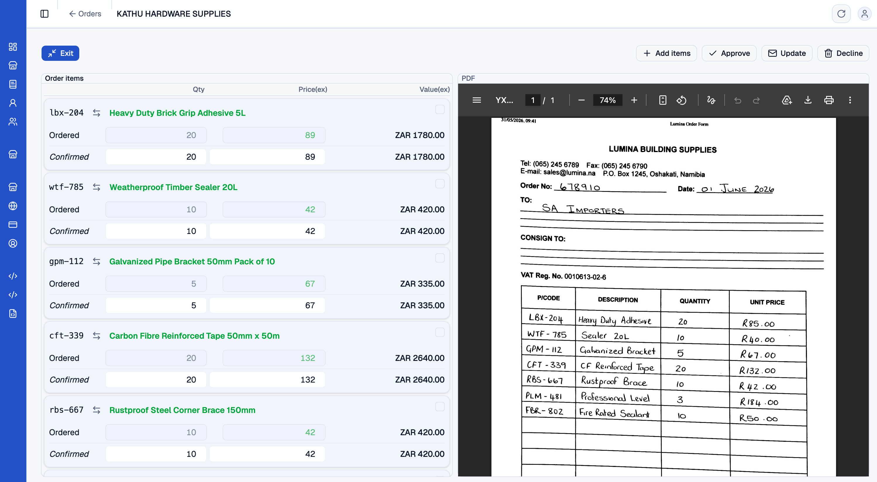 FastifyPDF intelligent product matching interface